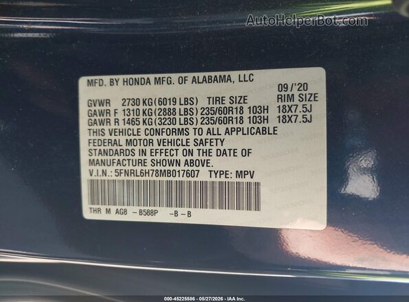 5FNRL6H78MB017607 2021 HONDA ODYSSEY Blue Engine compartment view