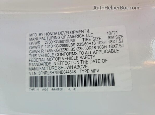 5FNRL6H78NB044548 2022 HONDA ODYSSEY White 