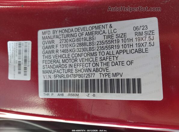 5FNRL6H78PB072577 2023 HONDA ODYSSEY Red Widok komory silnika