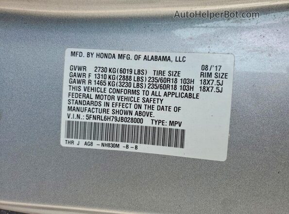 5FNRL6H79JB028000 2018 HONDA ODYSSEY Silver 
