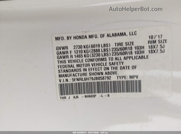 5FNRL6H79JB058792 2018 HONDA ODYSSEY White Շարժիչի բաժամունքի տեսք