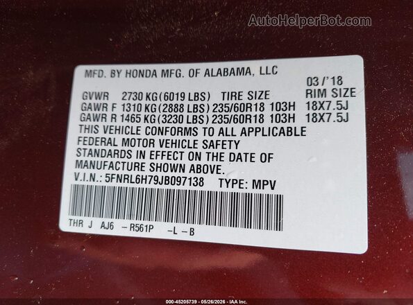 5FNRL6H79JB097138 2018 HONDA ODYSSEY Burgundy Vista del compartimento del motor