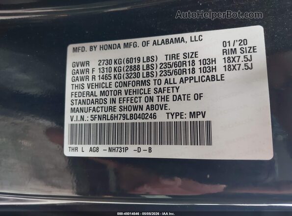 5FNRL6H79LB040246 2020 HONDA ODYSSEY Black Вид підкапотного простору