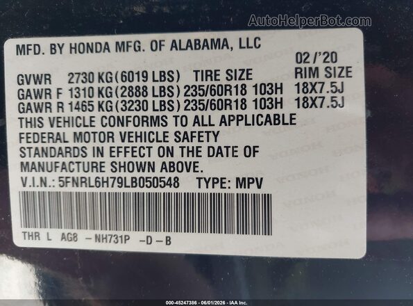 5FNRL6H79LB050548 2020 HONDA ODYSSEY Black Widok komory silnika