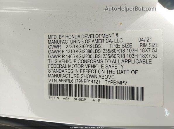 5FNRL6H79NB014121 2022 HONDA ODYSSEY Silver Engine compartment view