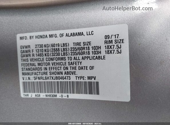 5FNRL6H7XJB046473 2018 HONDA ODYSSEY Silver Engine compartment view