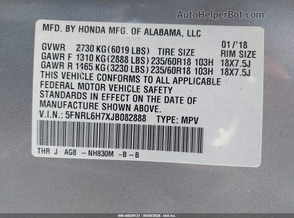 5FNRL6H7XJB082888 2018 HONDA ODYSSEY Blue Vista del compartimento del motor