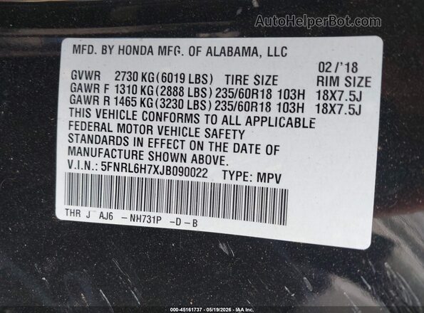 5FNRL6H7XJB090022 2018 HONDA ODYSSEY Black 