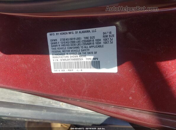 5FNRL6H7XKB002524 2019 HONDA ODYSSEY Red Vista del compartimento del motor