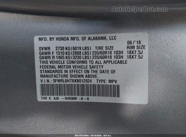 5FNRL6H7XKB012924 2019 HONDA ODYSSEY Silver 