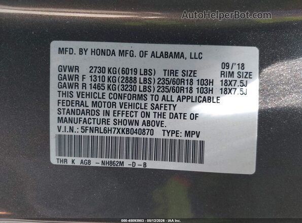 5FNRL6H7XKB040870 2019 HONDA ODYSSEY Gray Widok komory silnika
