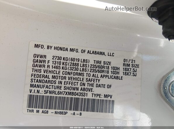 5FNRL6H7XMB043531 2021 HONDA ODYSSEY White Widok komory silnika