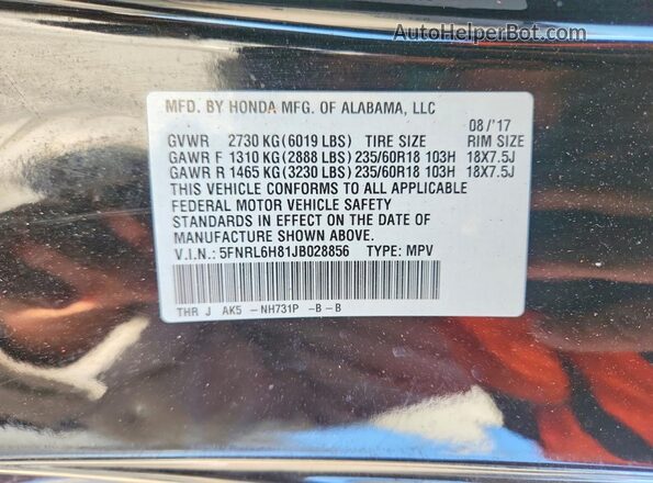 5FNRL6H81JB028856 2018 HONDA ODYSSEY Black 