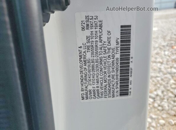 5FNRL6H81NB024599 2022 HONDA ODYSSEY White Widok naklejki z numerem VIN