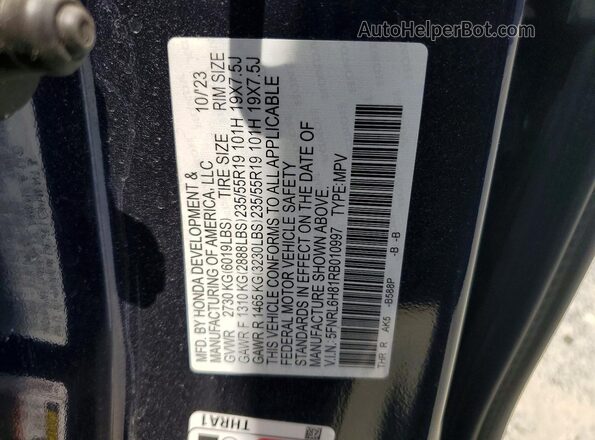 5FNRL6H81RB010997 2024 HONDA ODYSSEY Blue Вид наклейки з VIN-кодом