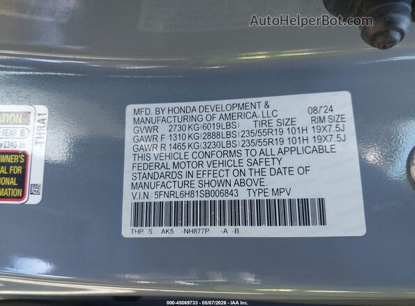5FNRL6H81SB006843 2025 HONDA ODYSSEY Gray 