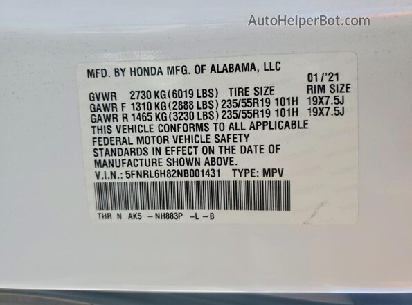 5FNRL6H82NB001431 2022 HONDA ODYSSEY White Vista interior de 360 grados
