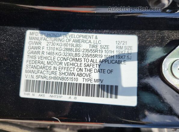 5FNRL6H86NB051510 2022 HONDA ODYSSEY Black Սալոնի 360 աստիճան տեսք