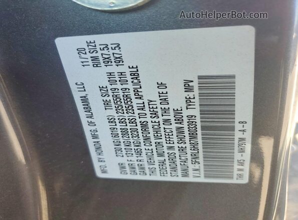 5FNRL6H87MB033919 2021 HONDA ODYSSEY Gray Widok naklejki z numerem VIN