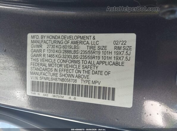 5FNRL6H87NB058708 2022 HONDA ODYSSEY Серый Вид подкапотного пространства