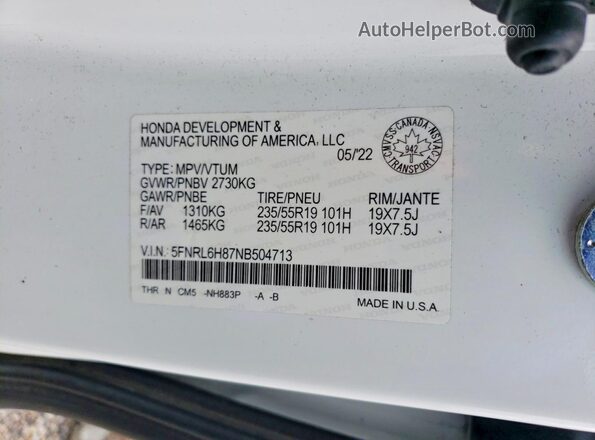 5FNRL6H87NB504713 2022 HONDA ODYSSEY White Вид наклейки з VIN-кодом