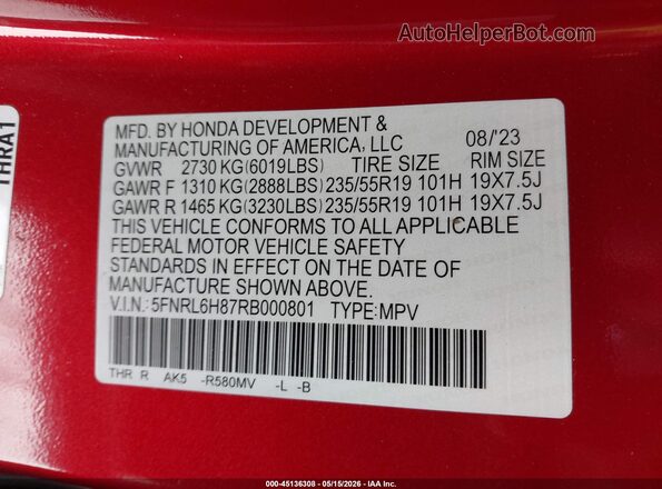 5FNRL6H87RB000801 2024 HONDA ODYSSEY Red 