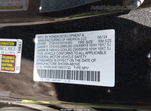 5FNRL6H87SB003722 2025 HONDA ODYSSEY Черный 