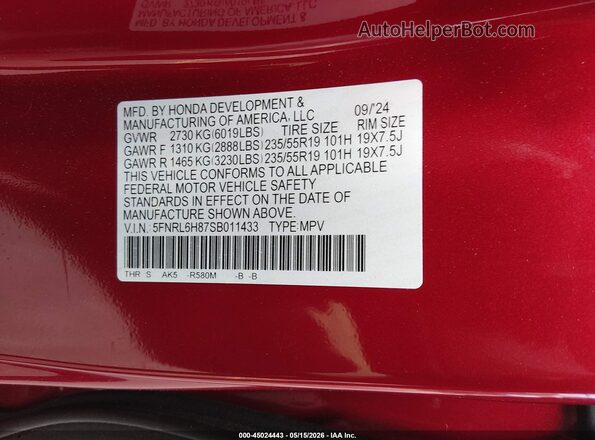 5FNRL6H87SB011433 2025 HONDA ODYSSEY Красный 
