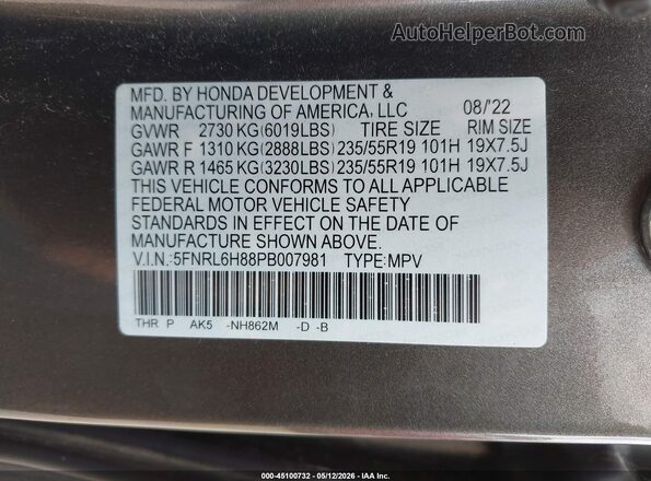 5FNRL6H88PB007981 2023 HONDA ODYSSEY Gray ძრავის განყოფილების ხედი