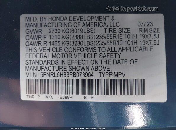 5FNRL6H88PB073964 2023 HONDA ODYSSEY Blue Engine compartment view