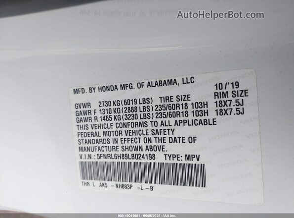 5FNRL6H89LB024198 2020 HONDA ODYSSEY White Вид підкапотного простору