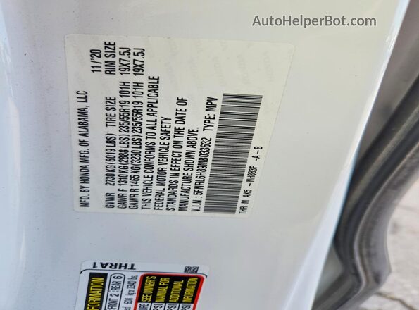 5FNRL6H89MB033632 2021 HONDA ODYSSEY White Вид наклейки з VIN-кодом