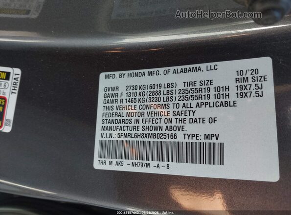 5FNRL6H8XMB025166 2021 HONDA ODYSSEY Gray Widok komory silnika