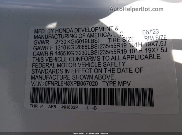 5FNRL6H8XPB067020 2023 HONDA ODYSSEY White Вид підкапотного простору