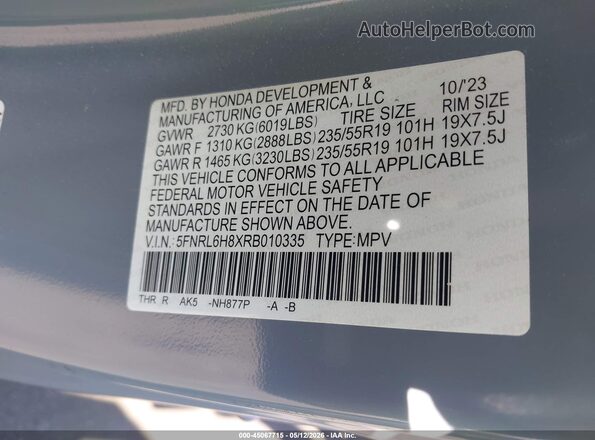 5FNRL6H8XRB010335 2024 HONDA ODYSSEY Gray 