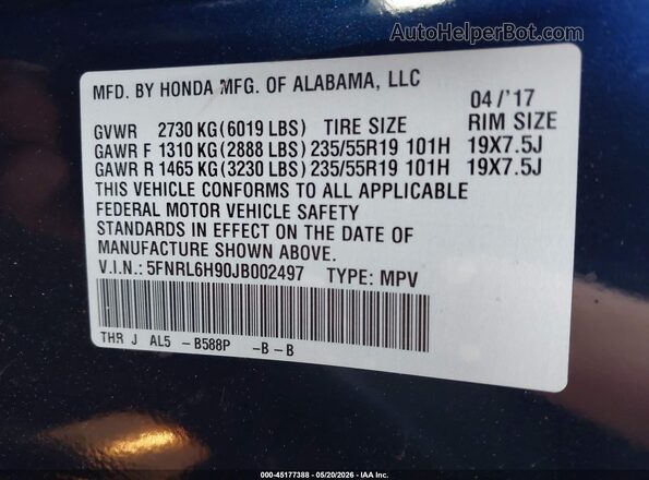 5FNRL6H90JB002497 2018 HONDA ODYSSEY Blue Engine compartment view