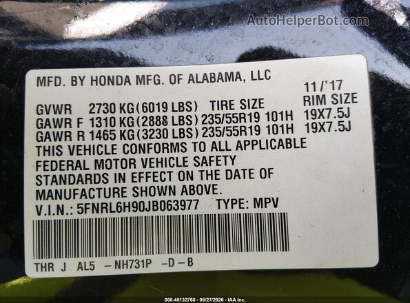 5FNRL6H90JB063977 2018 HONDA ODYSSEY Black 