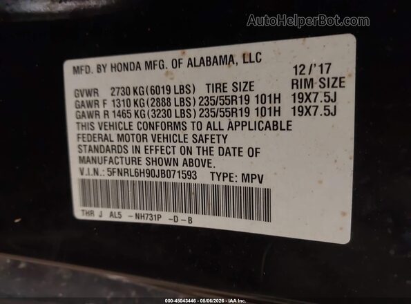 5FNRL6H90JB071593 2018 HONDA ODYSSEY Black Вид підкапотного простору