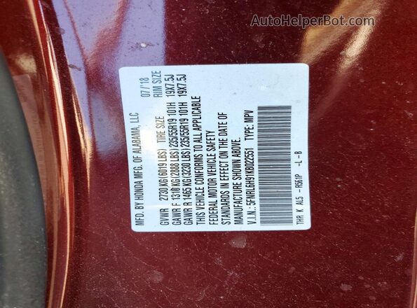 5FNRL6H91KB022551 2019 HONDA ODYSSEY Burgundy 