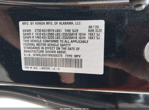 5FNRL6H91MB006370 2021 HONDA ODYSSEY Black 