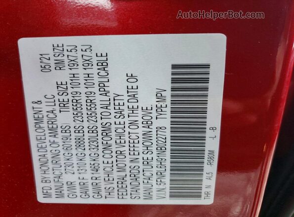 5FNRL6H91NB022778 2022 HONDA ODYSSEY Red Widok naklejki z numerem VIN