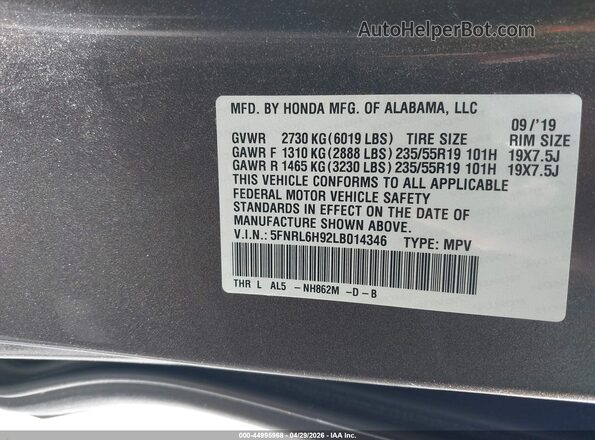 5FNRL6H92LB014346 2020 HONDA ODYSSEY Brown Widok komory silnika