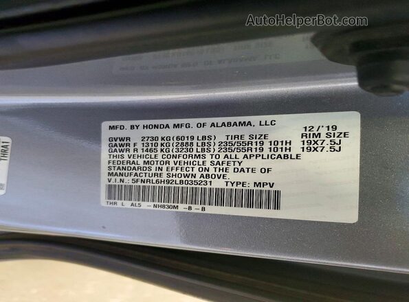 5FNRL6H92LB035231 2020 HONDA ODYSSEY Gray 