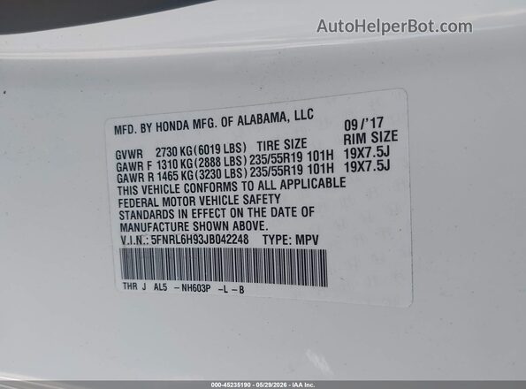 5FNRL6H93JB042248 2018 HONDA ODYSSEY White Շարժիչի բաժամունքի տեսք