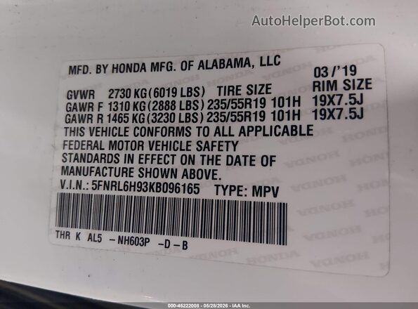 5FNRL6H93KB096165 2019 HONDA ODYSSEY White Engine compartment view