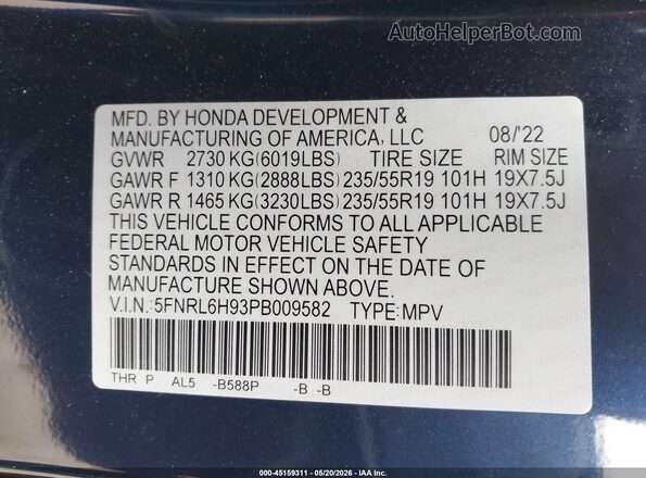 5FNRL6H93PB009582 2023 HONDA ODYSSEY Navy Вид підкапотного простору