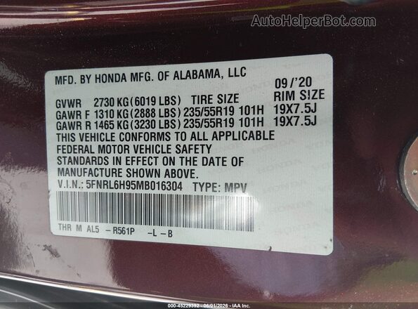 5FNRL6H95MB016304 2021 HONDA ODYSSEY Бордовый Вид подкапотного пространства