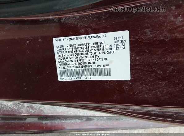 5FNRL6H96JB038579 2018 HONDA ODYSSEY Бордовый Вид подкапотного пространства