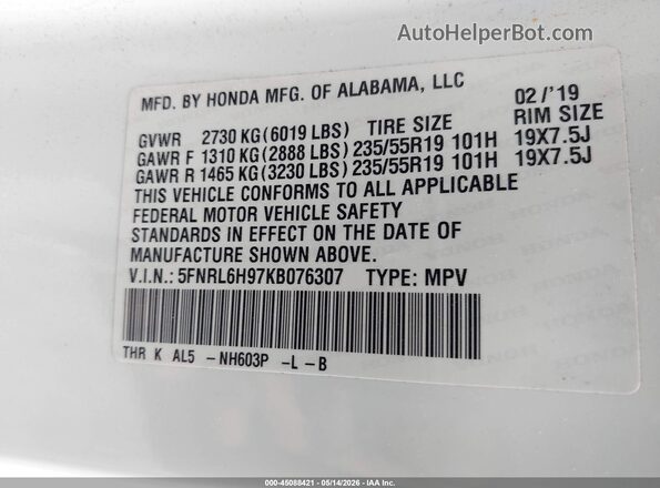 5FNRL6H97KB076307 2019 HONDA ODYSSEY Белый 