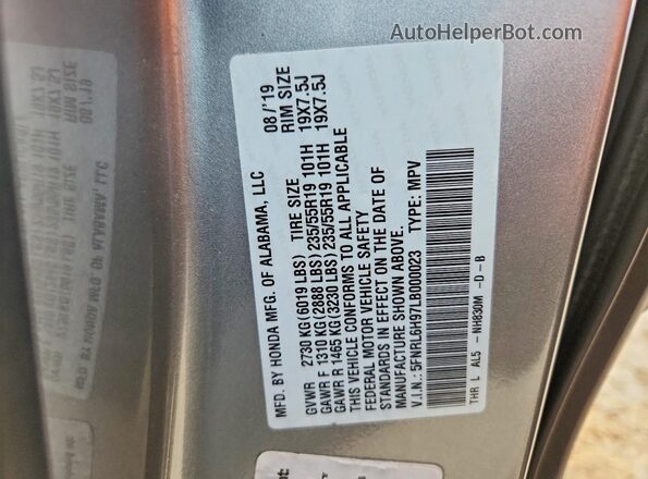 5FNRL6H97LB000023 2020 HONDA ODYSSEY Silver Vista de la etiqueta del VIN